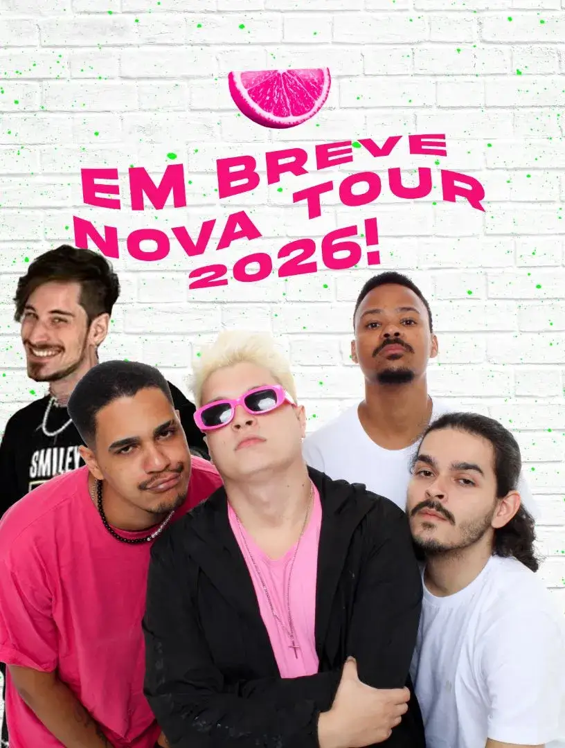 Flyer promocional da banda 4zero4 anunciando 'Em Breve Nova Tour 2026!'. Os integrantes posam juntos com atitude e, no topo da imagem, paira um misterioso limão rosa flutuante